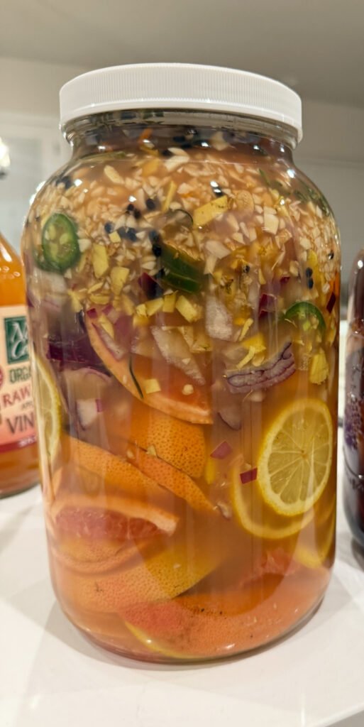 Adult fire cider recipe in a gallon jar with horseradish, ginger, onions, garlic, citrus, jalapeno peppers, herbs, and apple cider vinegar.